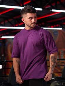 Men's Oversized Plain Gym T-Shirt Unbranded Simple Turtleneck Ribbed 30.1 Combed Cotton Lightweight Gym - 紫色 - 查看 4