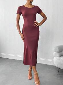 Falda larga casual sencilla de color liso para mujer - Marrón - Ver 1