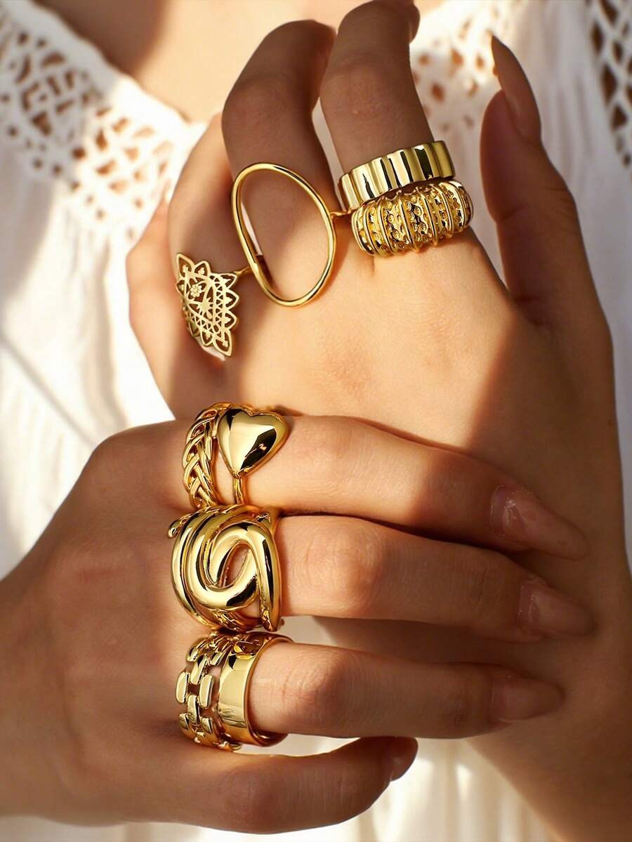 Charm-In 1 件时尚 18K 镀金镂空简约素面女士戒指，情人节礼物 - 金黃色 - 查看 1