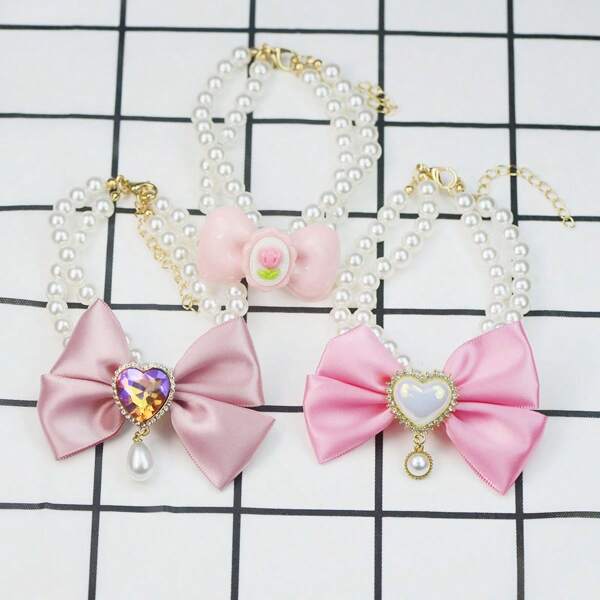 Bow Pendant Elastic Pearl Cat And Dog Pet Necklace Collar Suitable For Small And Medium-Sized Animals Beautiful And Happy Decorative Accessory For Kittens And Puppies Pet Jewelry