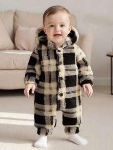Infant Baby Hooded Romper Cute Fashionable Stripes/Butterfly/Solid Color Long Sleeve Plush Jumpsuits - Coffee Brown - View 5