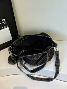 新款时尚休闲别致柔软牛仔多口袋托特包带零钱包，纯色大容量单肩包，艺术风格大学生斜挎书包，适合上班通勤、购物、旅行和返校