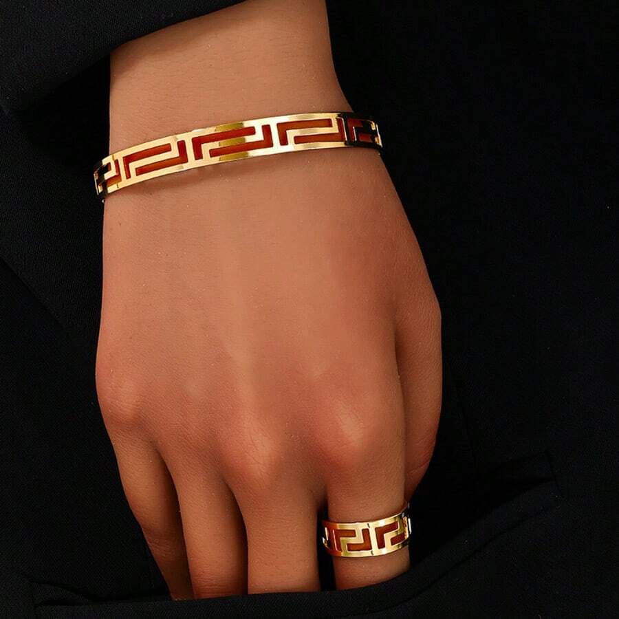 1 Set Hollow Gold Minimalist Bangle And Open Ring, Mother's Day Holiday Jewelry Gift