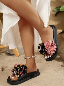 Sandalias/chinelas minimalistas para mujer, con decoración floral, suela gruesa, de uso casual, cómodas, para playa y vacaciones, tipo slip-on y planas
