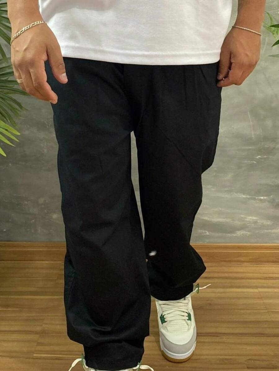 Black Straight Twill Trousers - Black Line - View 1