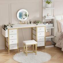 Large Vanity Desk With Mirror And Light- Makeup Vanity Set Table With Chair, Storage, Lighted Mirror, 8 Fabric Drawers & Power Outlet, Dressing Table Vanities For Girls Bedroom - 金色 - 查看 2