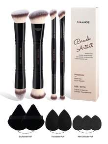 MAANGE 11件套化妆工具套装，包含4支双头化妆刷、斜角粉底刷、轮廓刷、腮红刷、眼影刷等，7个化妆粉扑（含2个中号水滴形粉扑、2个三角形天鹅绒粉扑）和3个迷你指套气垫粉扑，打造无瑕妆容，适合旅行、派对补妆等场合，是送给女性和女孩的理想礼物。套装包含各种化妆刷，是完整的化妆套装、化妆刷套装、化妆礼品套装等。