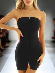 女士时尚性感双拉链前胸紧身迷你连衣裙，夏季 - 黑色 - 查看 3