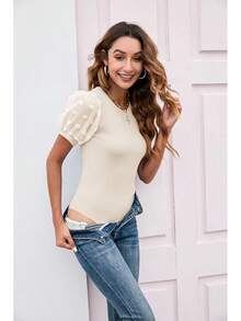 MIRALUNA Women's Round Neck Slimming Mesh Puff Sleeve Bodysuit Blouse Casual Ribbed Knit Jumpsuit Shirts Tops - Màu be - Xem 2