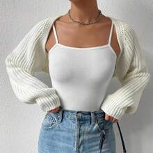 Women Open Front Ribbed Knit Crop Bolero Drop Shoulder Long Sleeve Solid Loose Fit Knitted Crop Cardigan Shrug