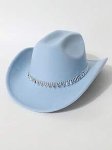 1 Peça Chapéu de Feltro Unissex, Chapéu de Feltro de Lã de Cor Sólida e Plano na Parte Superior com Decoração de Cinto em Formato de Diamante, Chapéu de Cowboy Ocidental Estiloso, Adequado para Noiva, Apresentação, Festa, Uso Externo, Todas as Estações
