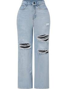 Pantalones vaqueros de tiro alto y pierna ancha con efecto desgastado y elásticos para mujeres THUNDER - Azul W - Ver 1