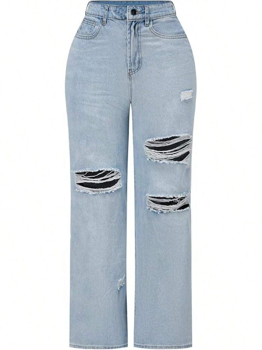 Pantalones vaqueros de tiro alto y pierna ancha con efecto desgastado y elásticos para mujeres THUNDER - Azul W - Ver 1