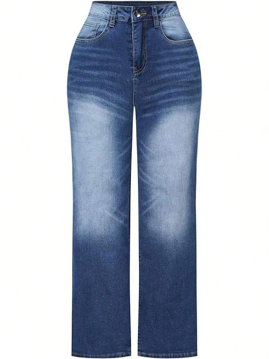 Pantalones vaqueros de tiro alto y pierna ancha con efecto desgastado y elásticos para mujeres THUNDER - P Azul - Ver 1