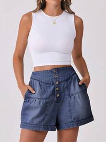 ANRABESS Women's Shorts Summer Baggy High Waisted Flowy Wide Leg Buttons Pleated Casual Jean Shorts 2025 Fashion Skorts - Washed Blue - View 7