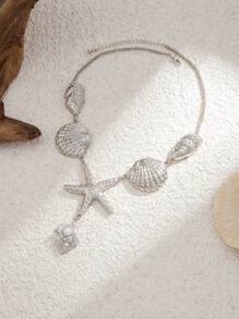 1pc Boho Style Metal Ocean Theme Seashell, Starfish Pendant Y-Necklace, Women's Daily And Beach Vacation Decoration, Party Jewelry