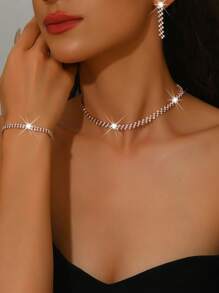Women Luxury Fashion Jewelry 4-Piece Set: Rhinestone Earrings + Necklace + Bracelet, Elegant & Generous Jewelry Suit, Suitable For Wedding, Party, Gift For Holidays