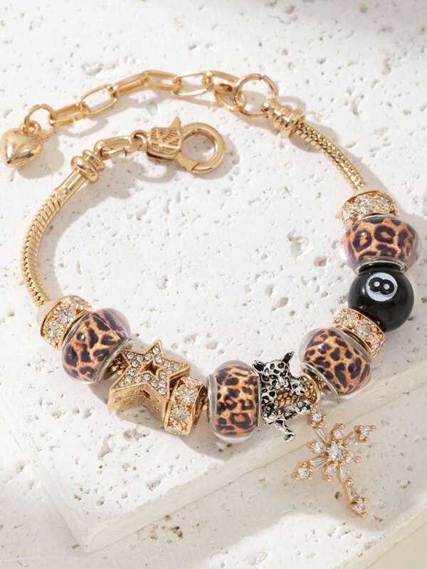 1pc Trending Teens/Adults Handmade Bead Bracelet With Copper Cross & Leopard Beads, Fashion Jewelry Gift For Birthday