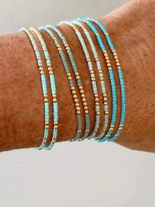 4pcs/Set Turquoise Seed Bead Stretch Bracelets, Bohemian Style Golden Glass Beads Handmade Girls Vacation Jewelry (Beads Are Random) - Nhiều màu - Xem 4