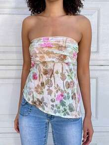 Women Flower Print Tube Top Y2k Strapless Sleeveless Bandeau Tank Top Summer Off Shoulder Going Out Crop Tops - trắng - Xem 6