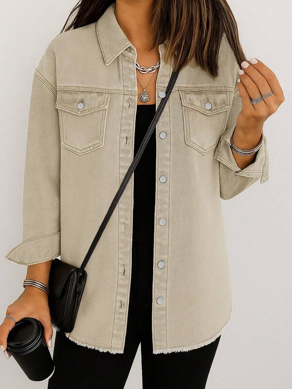 Chaqueta vaquera con cuello de camisa elegante y efecto desgastado, estilo callejero de invierno para mujer