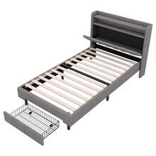 Letto piano 90*200cm, letto imbottito, lampada riscaldante a LED, presa USB, testiera pieghevole, vano portaoggetti integrato, contenitori per letto, grigio