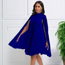 Women's Stand Collar Pleated Cape Sleeve Dress LooseKnee Length Club Dress Summer Solid Color Dress - Quả cam - Xem 5