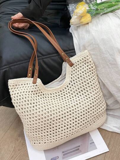 1pc, Solid Color, Handmade Straw Bag, Hand-Held, One-Shoulder, Smooth Zipper Closure And Closure, Casual Resort Style, Large Capacity, Multi-Functional, Women's Tote Bag, Suitable For Women's Beach Vacation, Travel, Daily Commuting, Leisure Collocation, Shopping, New Style For Summer 2025