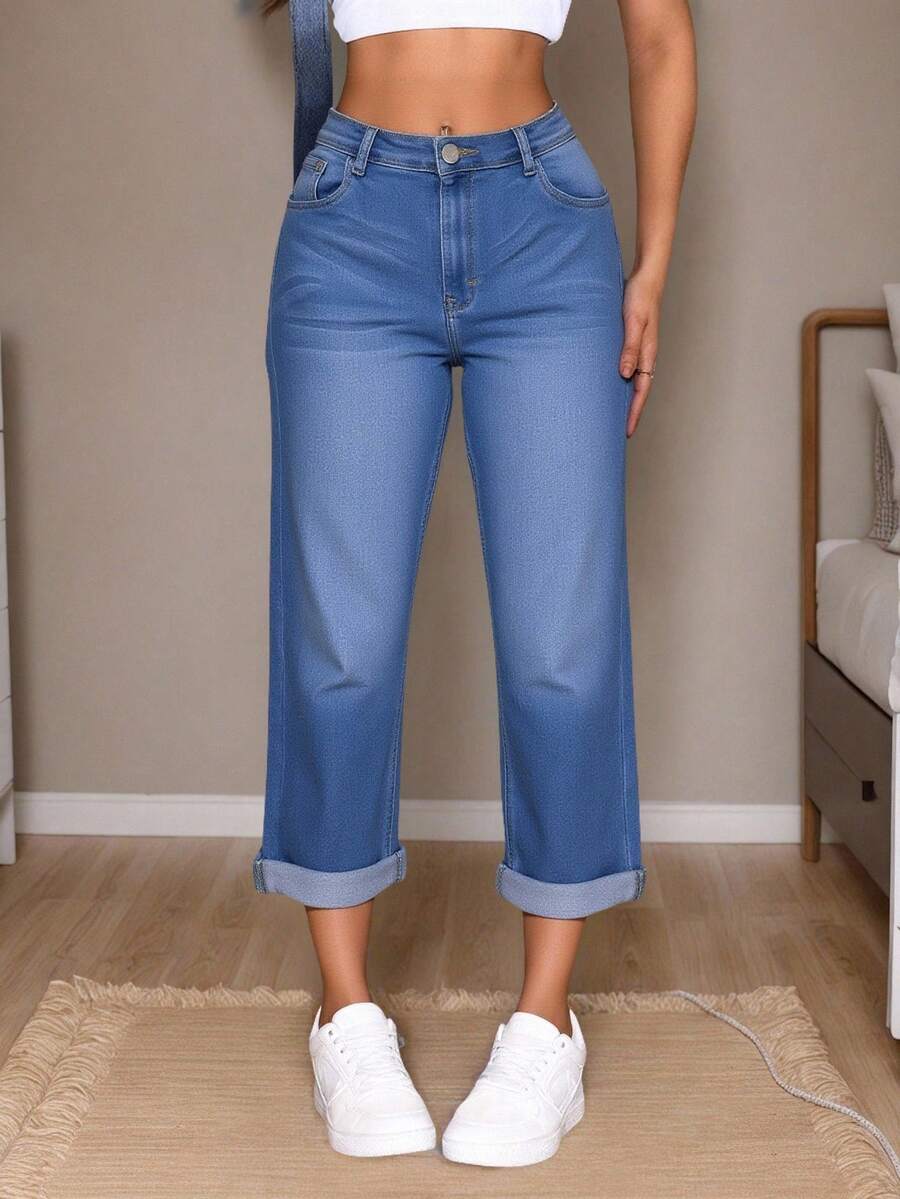 Capri mezclilla dobladillo visible roll up jeans cortos sueltos elásticos stretch - Azul lavado medio - Ver 1