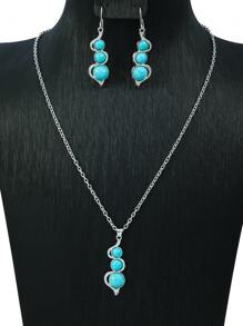 TopHanqi Set de 3 piezas de joyas retro: Pendientes colgantes de plata falsa con turquesa vintage, collar con colgante geométrico en forma de calabaza, accesorio versátil para uso diario, fiestas, ir al trabajo, idea de regalo para todas las estaciones