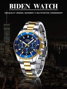 BIDEN 男士手表，男士商务手表，男士运动计时器，日历夜灯石英表，不锈钢表带防水时钟男士手表，免费链环拆卸器+盒子 - 金色 - 查看 5