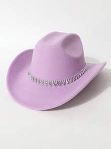 1 Peça Chapéu de Feltro Unissex, Chapéu de Feltro de Lã de Cor Sólida e Plano na Parte Superior com Decoração de Cinto em Formato de Diamante, Chapéu de Cowboy Ocidental Estiloso, Adequado para Noiva, Apresentação, Festa, Uso Externo, Todas as Estações