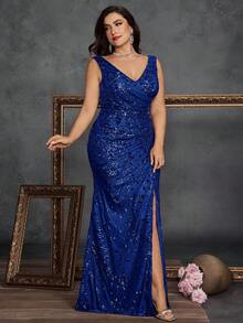 Long Sexy V-Neck High Slit Formal Dress For Plus Size Women, High Quality Stretchy Beaded Tight-Fitting Glamorous Elegant Evening Party Gown, Backless Mermaid Bridesmaid Mother's Dress, Luxury Formal Evening Gown - 寶藍色 - 查看 5