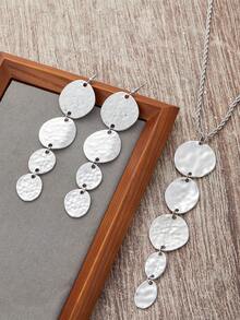 3PCS Exaggerated Fashionable Asymmetrical Metal Round Texture Earrings Long Necklace Women's Set Premium Simple Jewelry - Jewelry Set - View 3