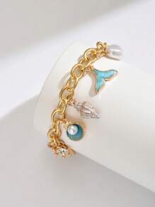 1pc Summer Fashion Vacation Blue Oil-Drop Shell Starfish Bracelet For Women, Delicate Personalized Bracelet Fit For Daily Wear, Beach, Ocean