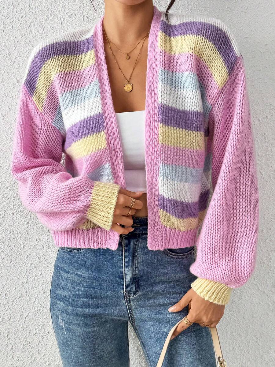 Suéter de cardigan de punto con mangas farol y de color a rayas, estilo casual y dulce, versátil para otoño/invierno - Multicolor - Ver 1