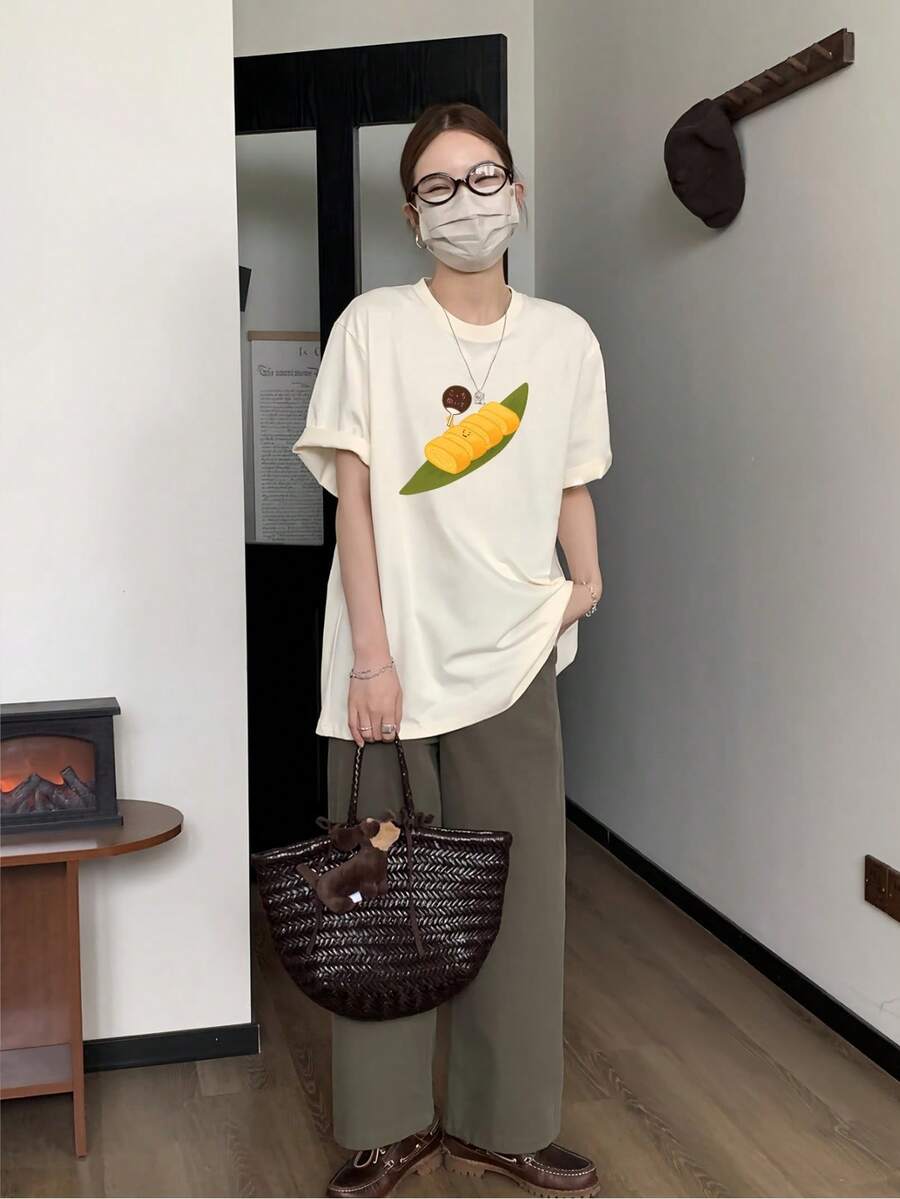 [New For Summer 2025] 100% Cotton Women's T-Shirt, Short Sleeves, Holiday Pattern, Casual, Crew Neck, Recommended For Matching Outfits, Tops - 杏色 - 查看 1