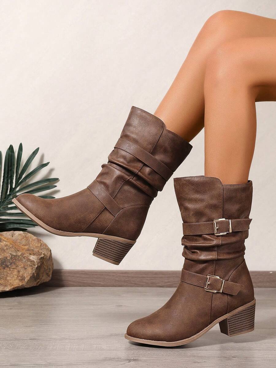 棕色褶皱搭扣粗跟圆头套脚舒适优雅百搭通勤日常骑行靴，时尚女靴 - 摩卡棕 - 查看 1