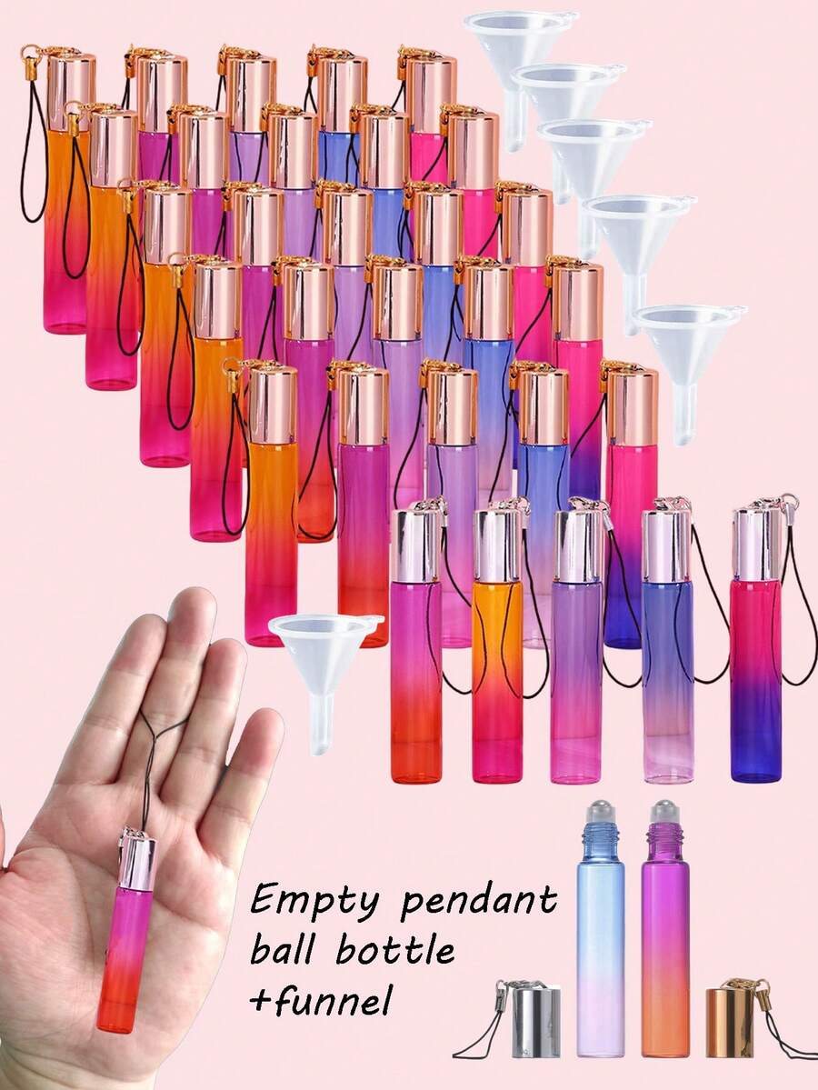 渐变色10ml球形分类瓶带漏斗，可重复使用，可挂吊坠瓶，全套分装工具，滚珠轴承，用于护肤、香薰、化妆、防漏，DIY香水瓶，可重复使用，轻巧，便携，随时随地携带，适用于背包、手提包和手机配件，是旅行必备品，消除夏日汗味，适合旅行、度假、通勤、工作和学习，旅行礼物，送给姐妹、朋友、家人的毕业礼物，最佳海滩配饰，返校必备