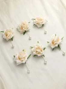6pcs/Set Elegant Rose Brooch With Pearl Drop, Gold Metal Leaf & Handmade Flower, Vintage-Inspired Jewelry For Brides, Special Occasions & Everyday Elegance