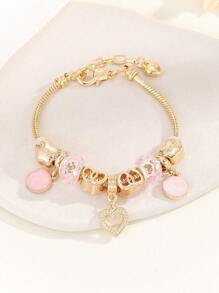 1 pieza Pulsera de latón con colgante en forma de corazón rosado y cuentas de resina brillante - Joyería elegante y artesanal para mujeres - Diseño delicado y calado, longitud de cadena ajustable, un regalo perfecto para ella