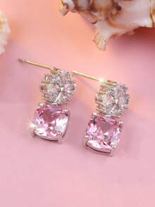 1 Pair Elegant Square Cut Pink Synthetic Zirconia & Floral White Synthetic Zirconia Silver White Plated Stud Earrings For Women, Luxury For Weddings, Parties, Festivals And Everyday Wear, All Season