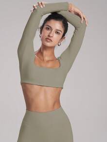 FWH Top de manga larga corto + Pantalones cortos fruncidos, Pantalones cortos moldeadores con sensación de piel desnuda, control de abdomen y diseño levantador de glúteos, Tela con sensación de piel desnuda para Pilates/Gimnasio Pantalones cortos levantadores de glúteos, a prueba de sentadillas para Yoga/Danza Conjunto de yoga de espalda abierta Primavera - Albaricoque - Ver 7