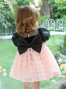 Baby Girls Bow Back Puff Sleeve Tulle Party Princess Dress, Suitable For Baby's 1st Birthday, Wedding, Party, Holiday Celebration - Pink - View 2