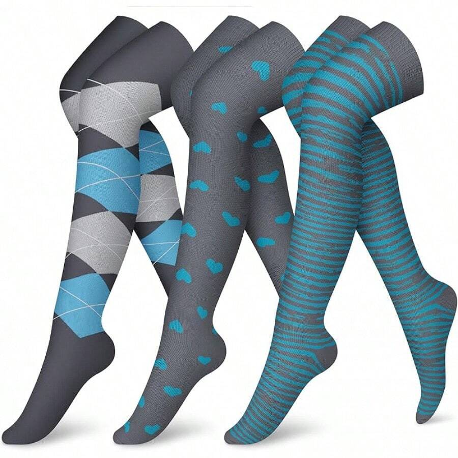 CHARMKING (3 Pairs) Knee High Compression Sock Women & Men Stockings Running, Cycling,Athletic - 10 灰色/藍色/藍色 - 查看 1