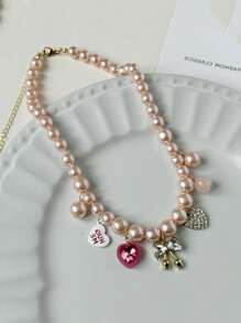 1 pieza Collar con corazón y lazo de perla de champán, elegante y de moda, collar de lujo ligero y delicado adorno de cadena para la clavícula