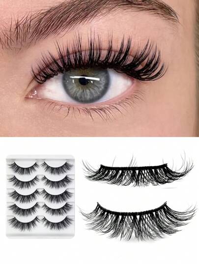 5 Pairs Cat-Eye Faux Mink Eyelashes Curled Winged Natural Realistic Messy End Eye Elongated Thick False Eyelashes Soft Fake Eyelashes