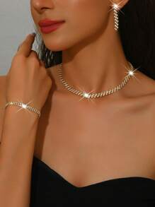 Women Luxury Fashion Jewelry 4-Piece Set: Rhinestone Earrings + Necklace + Bracelet, Elegant & Generous Jewelry Suit, Suitable For Wedding, Party, Gift For Holidays