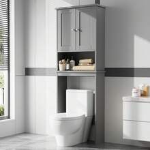 JAMFLY 66" Over The Toilet Storage Cabinet , Bathroom Cabinet With Adjustable Shelves And Open Cabinet With Anti-Tip Device,  Toilet Furniture, Freestanding Shelves For Bathroom Above Toilet, Space Saving Large Above Toilet Cabinet - 灰色 - 查看 6
