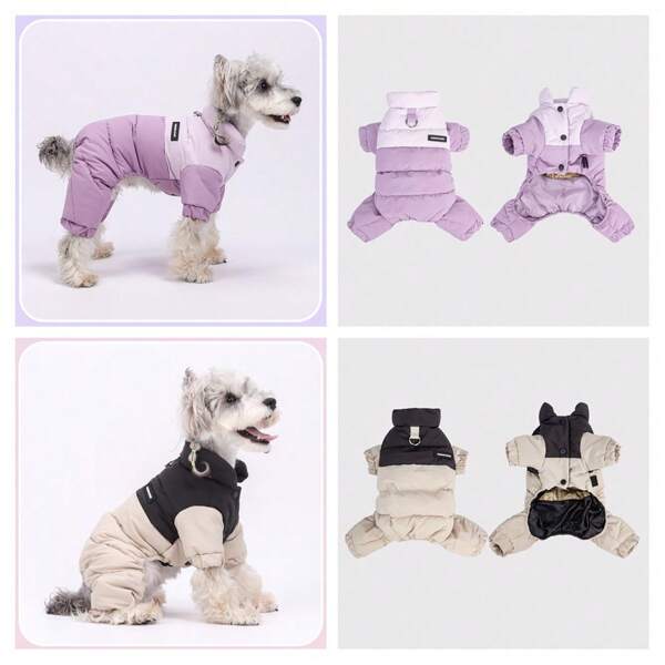 Pet Winter Jumpsuit: Purple Patchwork Design, Four - Legged Warmth, Cozy Padded Outfit Full - Body Winter Coat For Small Dogs, Fashionable And Warm Padded Pet Apparel